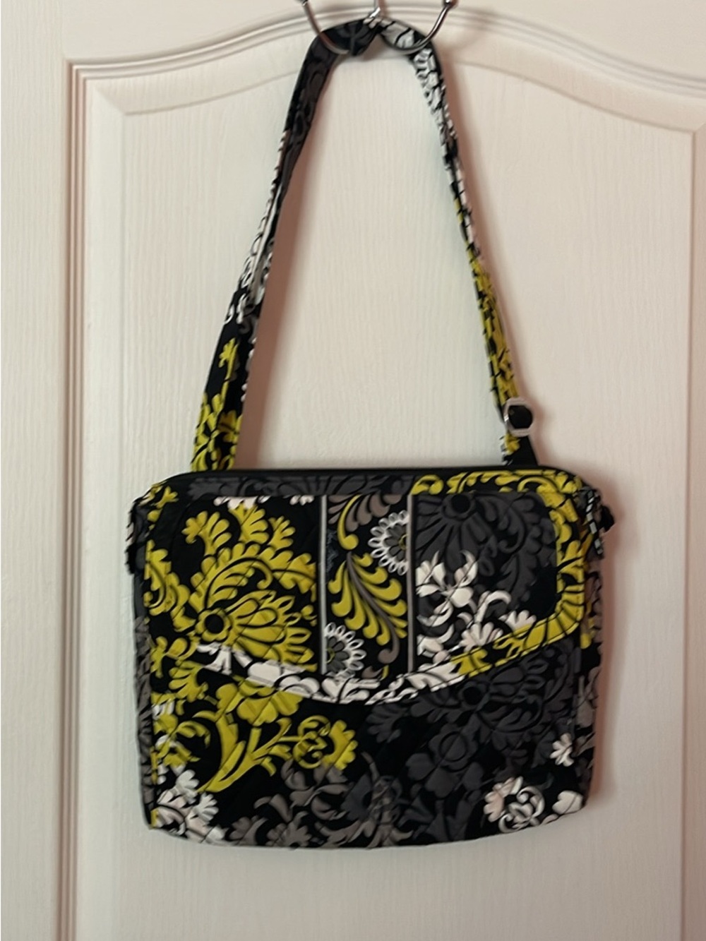Quilted Floral Laptop Shoulder Bag - Black, Yellow & White